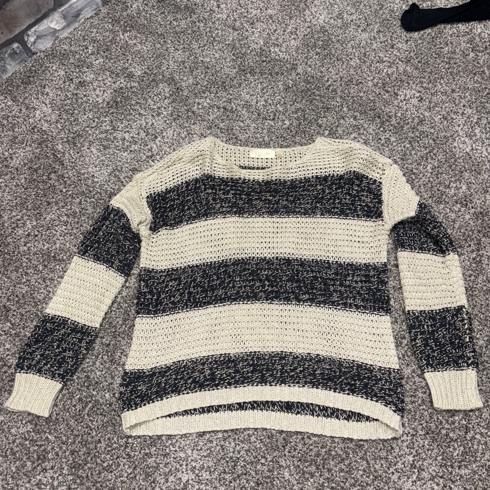 RD Style Open-Knit Striped Crewneck Sweater in Cream and Black